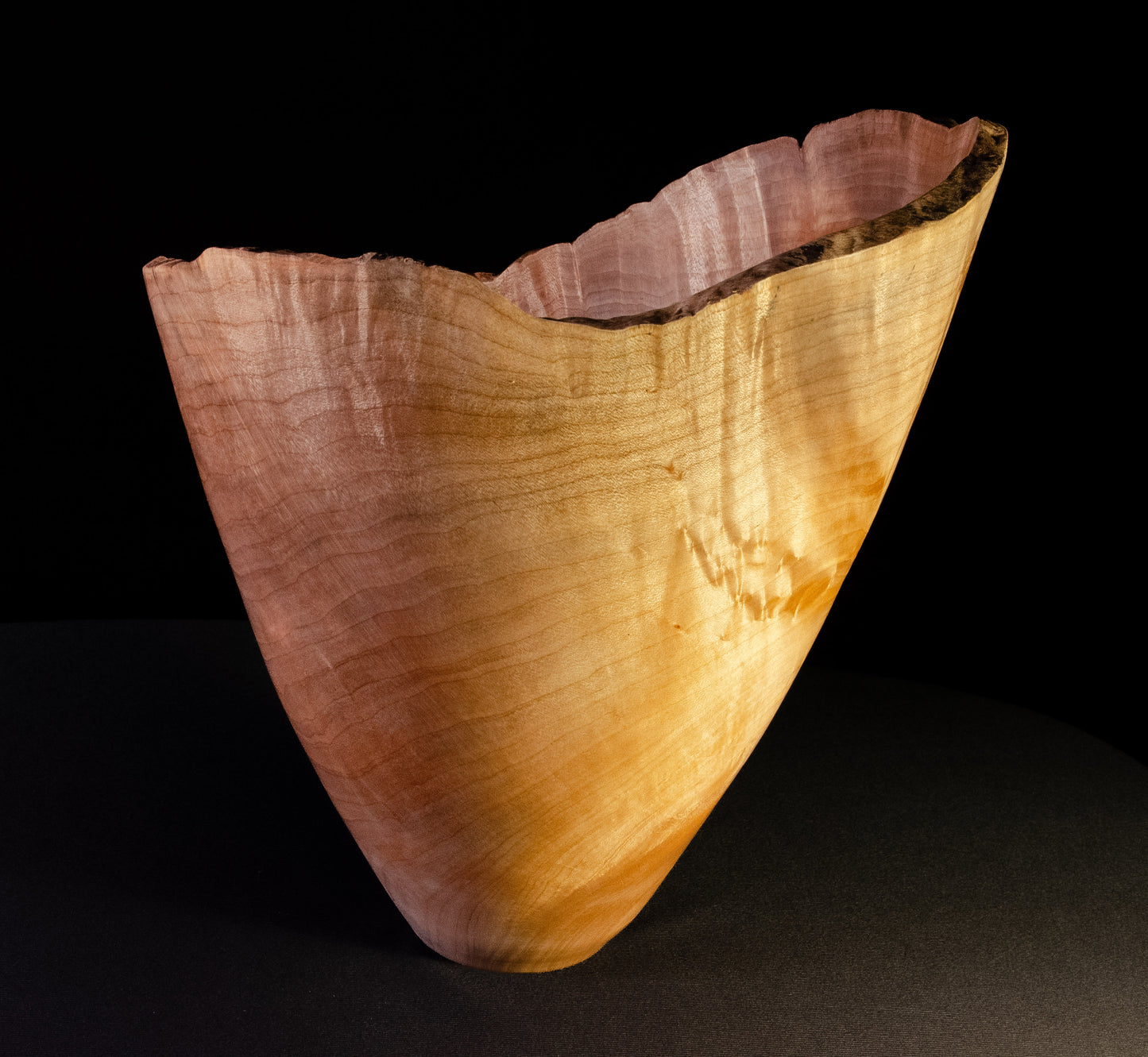Dramatic maple vase-form with natural edge. Beautiful display, decor or gift item.