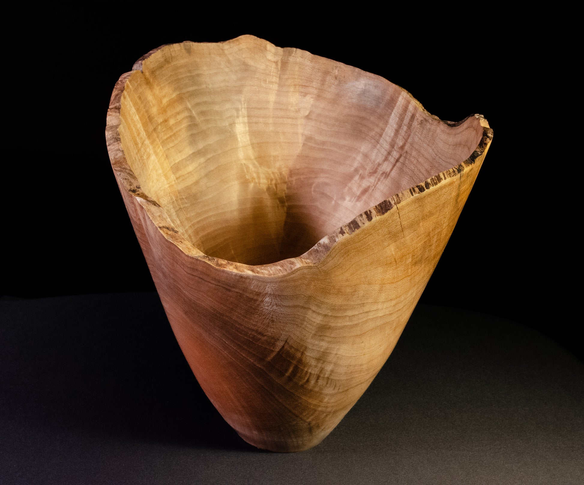 Dramatic maple vase-form with natural edge. Beautiful display, decor or gift item.