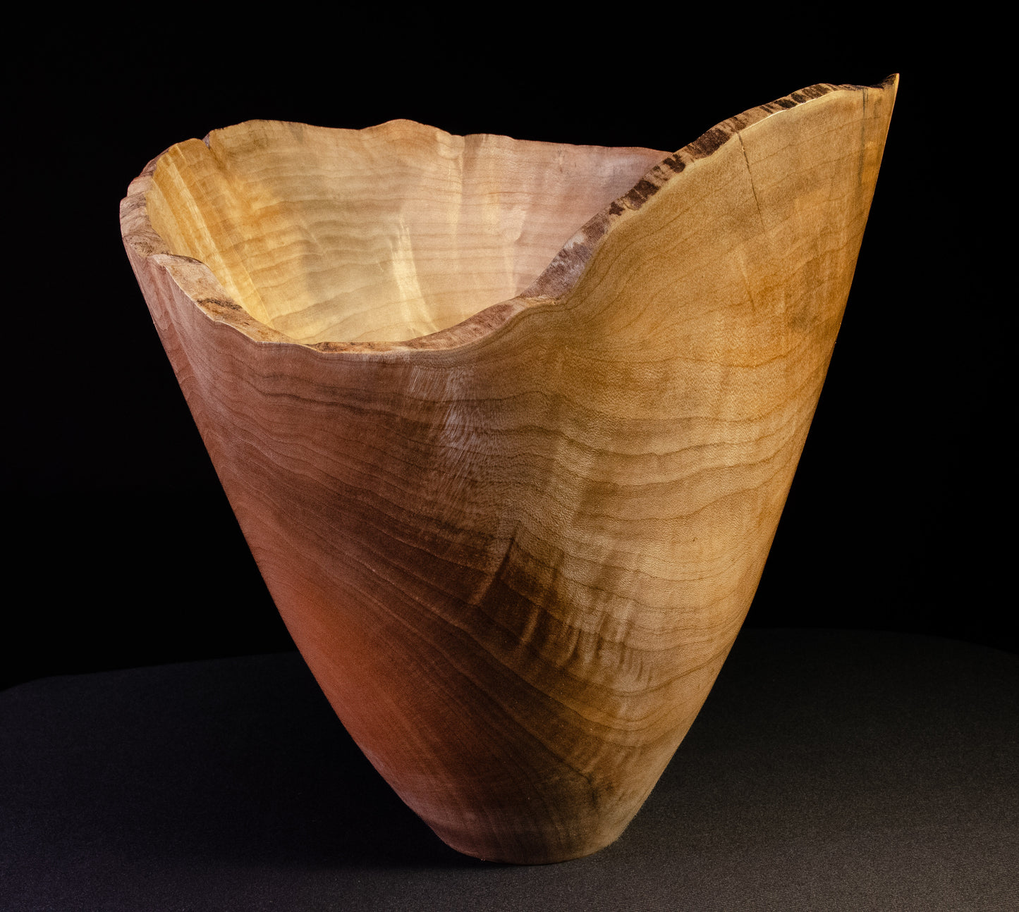Dramatic maple vase-form with natural edge. Beautiful display, decor or gift item.