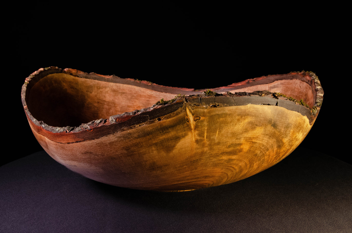 Shallow bowl with natural edge and striking crotch figure. Exquisite display, gift, or centerpiece.