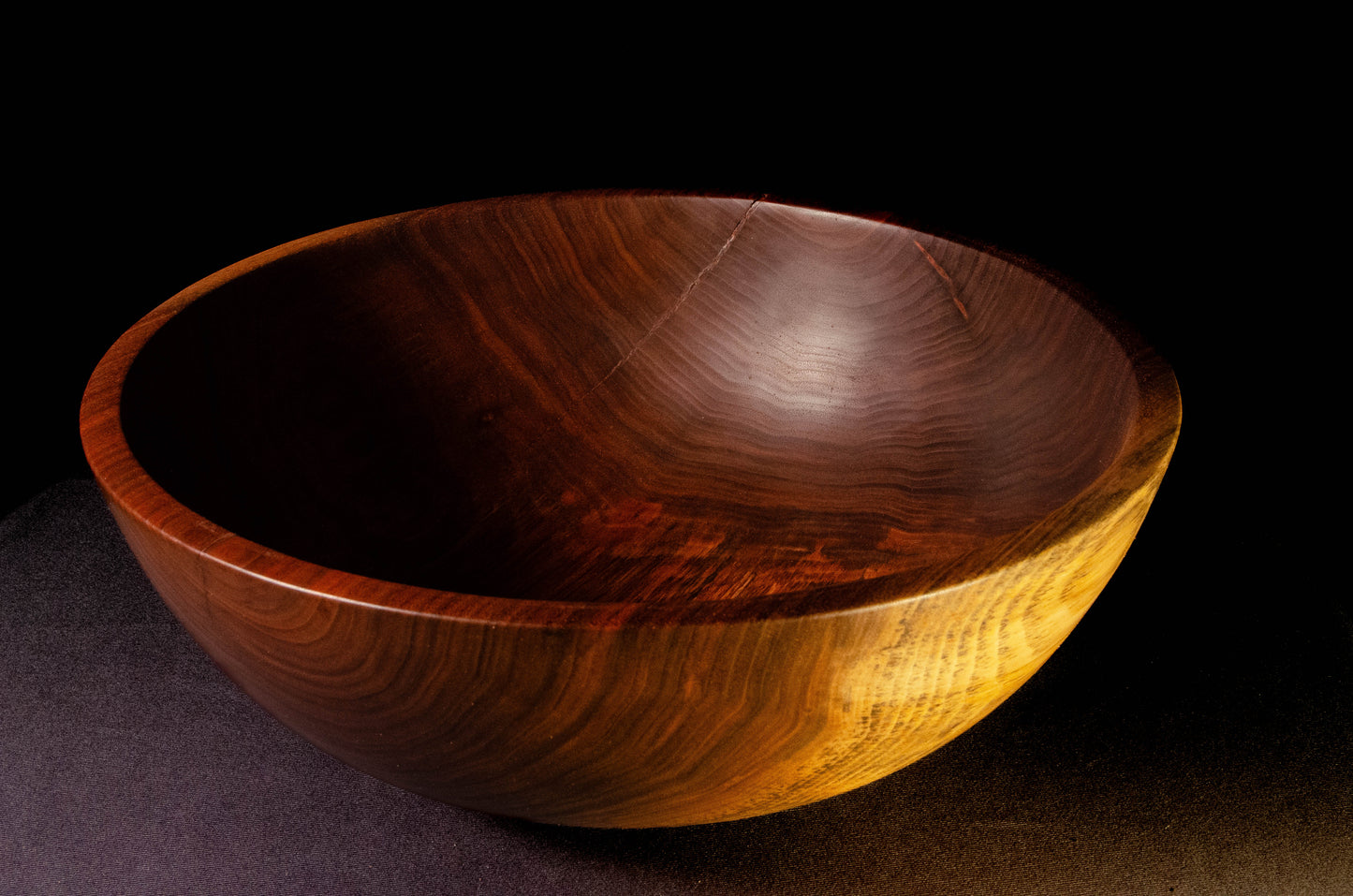 Black walnut bowl with rich grain structure and tonality. Crack on one side mended with bowties. Beautiful sald, fruit or popcorn bowl. Makes a wonderful gift for home, wedding, or occasion.